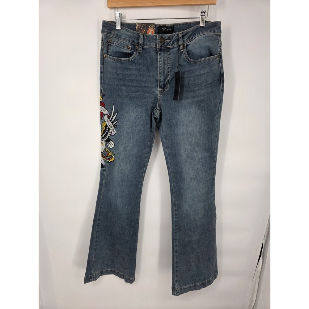 NWT Ed Hardy Slim Fit Flare‎ Jeans "New York" Dragon Embroidered Sz 26x32 Womens - Picture 2 of 10